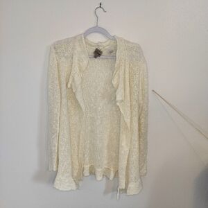 Como Vintage Cream open knit  cardigan with ruffle Size 1X Cottagecore Boho